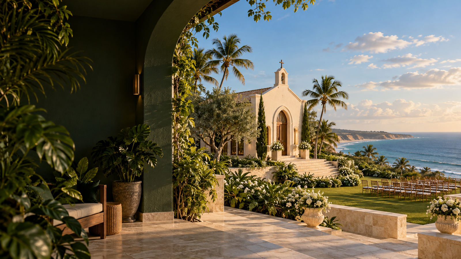 Imagem conceitual do Recanto do Amor, com capela, jardim e vista para o mar