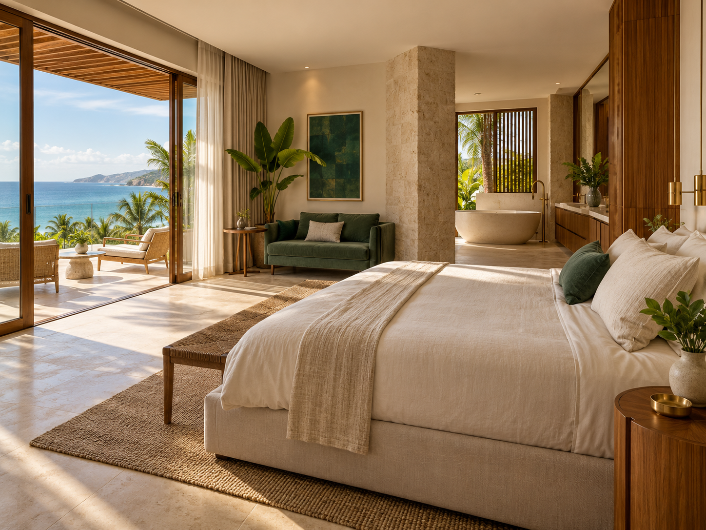 Imagem conceitual da suíte, com cama, sofá, banheira e varanda com vista para o mar